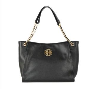 Tory Burch (73503) Britten Small Black Pebble Leather Chain Slouchy Tote HandBag